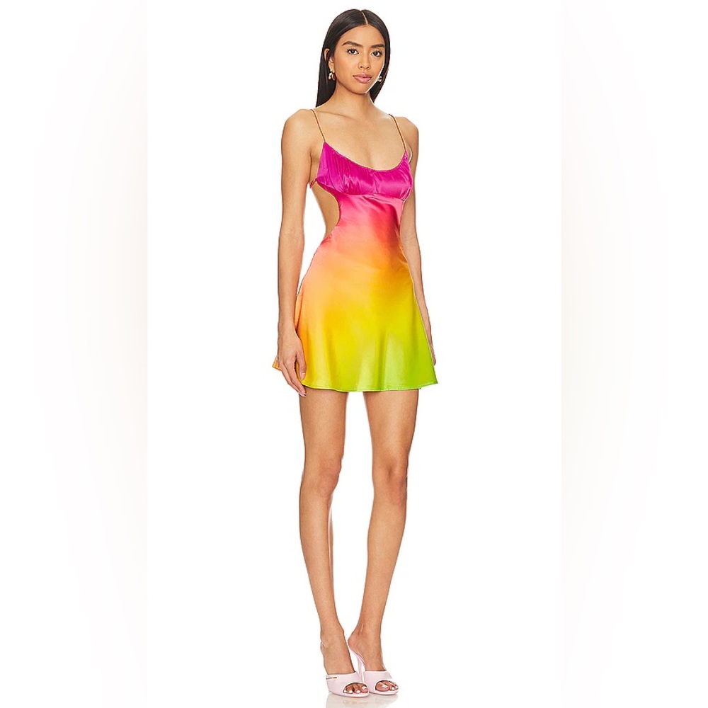 Retrofete One-Shoulder Ombre Satin Mini Dress in Pink-Orange-Green - Picture 11 of 12
